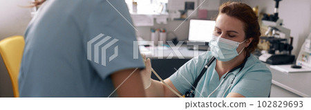 Skilled doctor performs ultrasound investigation while assistant holds animal in vet clinic Skilled doctor performs ultrasound investigation while assistant holds animal in vet clinic 102829693