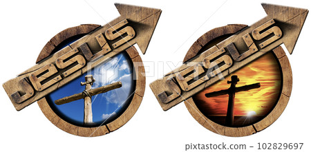 Wooden Directional Sign with Text Jesus Isolated on White Background 102829697