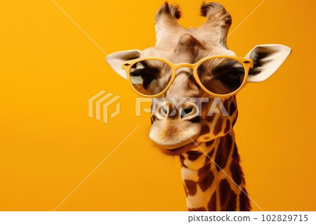 Brighten up your day with this whimsical giraffe in sunglasses on a sunny yellow background. Perfect for a summer vibe. AI Generative. Brighten up your day with this whimsical giraffe in sunglasses on a sunny yellow background. Perfect for a summer vibe. AI Generative. 102829715