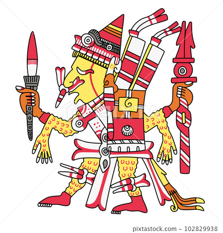 Xipe Totec, Xipetotec, Aztec god of ritual flaying and agriculture, lord of seasons, regeneration and crafts, ruler of the East. Our Lord the Flayed One, depicted red beneath the flayed skin he wears. 102829938