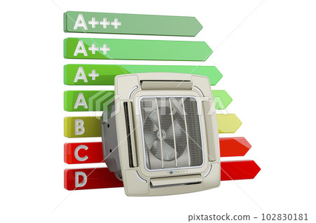 Ceiling Cassette Unit, Indoor Unit of Air Condition with energy efficiency chart, 3D rendering Ceiling Cassette Unit, Indoor Unit of Air Condition with energy efficiency chart, 3D rendering 102830181