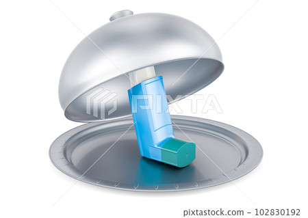 Restaurant cloche with metered-dose inhaler, 3D rendering Restaurant cloche with metered-dose inhaler, 3D rendering 102830192