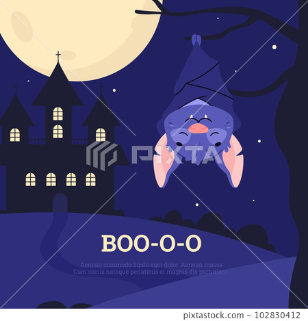 Squared banner with smiling hanging upside down on tree bat flat style 102830412