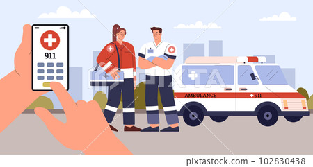 Smiling ambulance emergency specialists standing near car with cross sign flat style 102830438