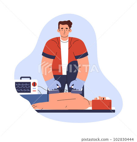 Ambulance doctor performs a procedure on patient, vector illustration isolated. Ambulance doctor performs a procedure on patient, vector illustration isolated. 102830444