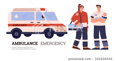 Medicine ambulance emergency service and help, flat cartoon vector illustration. 102830448