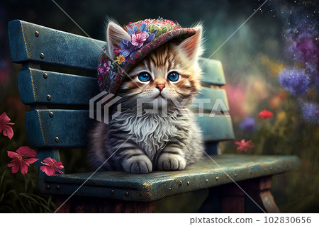 Stylish kitten with floral hat on wooden bench, generative AI Stylish kitten with floral hat on wooden bench, generative AI 102830656