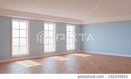 Beautiful Sunny Interior with Light Blue Walls, Three Large Windows, White Ceiling and Cornice, Glossy Herringbone Parquet Floor and a White Plinth, 3D illustration. 8K Ultra HD, 7680x4320, 300 dpi 102830682