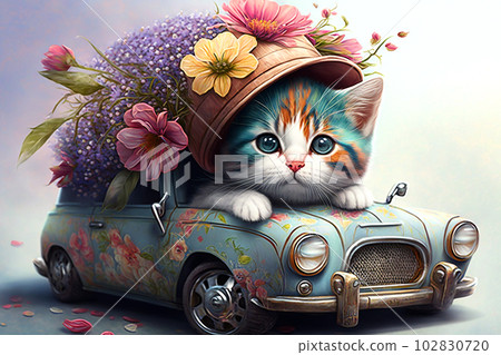 Cute kitten wearing flower hat driving retro car. Generative AI. Cute kitten wearing flower hat driving retro car. Generative AI. 102830720