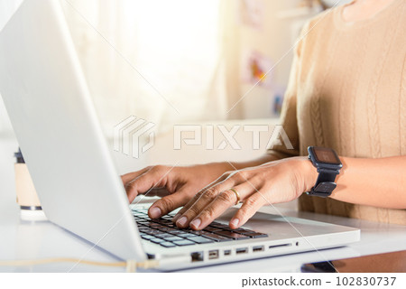 Typing keyboard. Female person text message for new project she remote work on computer, Closeup Hands of business woman over laptop keypad during working at desk, teen chat online with friend 102830737