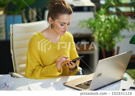 business owner woman in sweater in green office business owner woman in sweater in green office 102831128