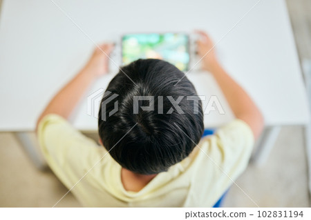 Elementary school boy playing a game on a home video game console Elementary school boy playing a game on a home video game console 102831194