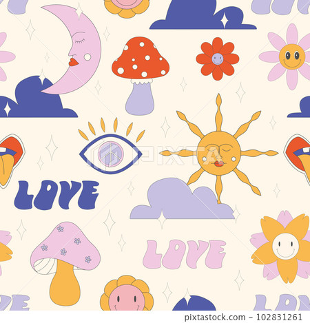 Groovy hippie 1970s background. Funny cartoon flower, rainbow, peace, Love, heart, daisy, mushroom etc. 102831261