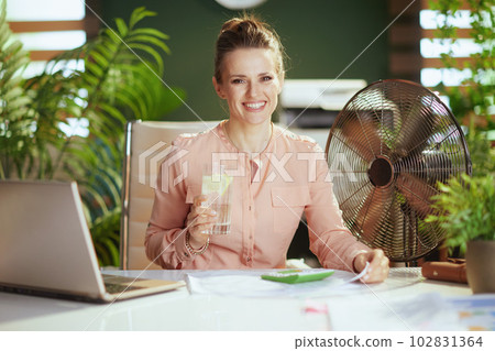 happy modern bookkeeper woman in modern green office happy modern bookkeeper woman in modern green office 102831364