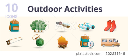 Outdoor activities set. Creative icons: backpack bag, forest, mosquito, binoculars, boots, bow saw, camp water canteen, campfire, compass, caravan. Outdoor activities set. Creative icons: backpack bag, forest, mosquito, binoculars, boots, bow saw, camp water canteen, campfire, compass, caravan. 102831646