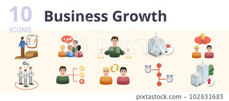 Business growth set. Creative icons: advancement planning, consultative for the team, decision making, organization goal, collaborative resolution, performance team, decision maker, interpersonal 102831685