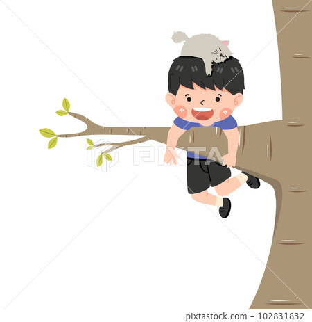 Boy hanging on a tree branch Boy hanging on a tree branch 102831832