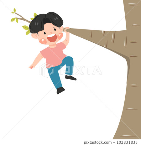 Kid boy on a tree branch Kid boy on a tree branch 102831833