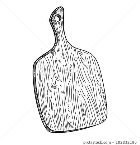 Hand drawn cutting wooden board Isolated on white. Kitchen utensils sketch. Engraving style. Hand drawn cutting wooden board Isolated on white. Kitchen utensils sketch. Engraving style. 102832196