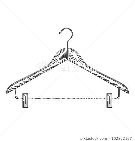 Wooden coat hanger with clothespins in vintage engraved style. Sketch of coat hanger. 102832197