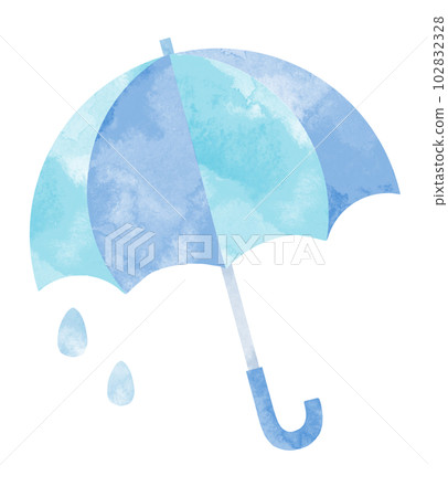 Watercolor illustration of blue and light blue umbrella and water drops Watercolor illustration of blue and light blue umbrella and water drops 102832328