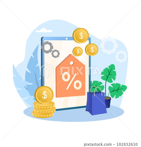 Sales management illustration. Label, gear, coin, bag, plant. Editable vector graphic design. Sales management illustration. Label, gear, coin, bag, plant. Editable vector graphic design. 102832610