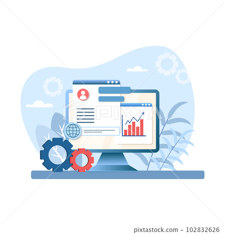 Account management illustration. Monitor, gear, page, chart, arrow. Editable vector graphic design. Account management illustration. Monitor, gear, page, chart, arrow. Editable vector graphic design. 102832626