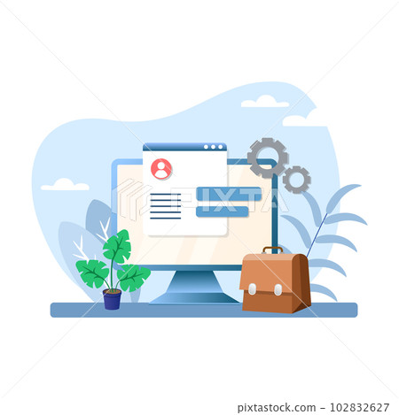 Brand management illustration. Monitor, gear, page, briefcase, plant. Editable vector graphic design. Brand management illustration. Monitor, gear, page, briefcase, plant. Editable vector graphic design. 102832627