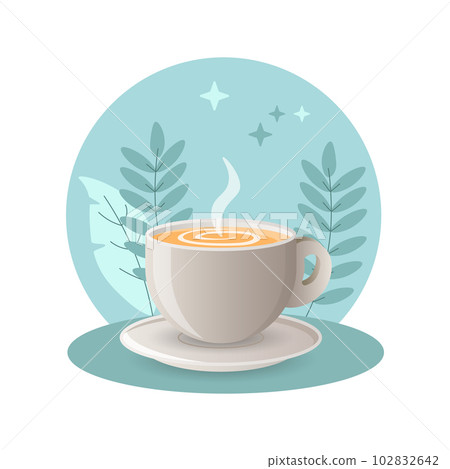 Cappuccino illustration. Cup, saucer, coffee, steam. Editable vector graphic design. Cappuccino illustration. Cup, saucer, coffee, steam. Editable vector graphic design. 102832642
