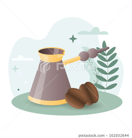 Turkish illustration. Coffeemaker, utensil, coffee beans, handle. Editable vector graphic design. 102832644