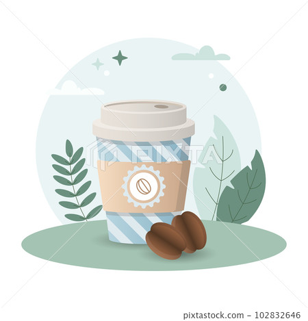 Coffee To Go illustration. Paper cup, coffe beans, lid, label. Editable vector graphic design. Coffee To Go illustration. Paper cup, coffe beans, lid, label. Editable vector graphic design. 102832646