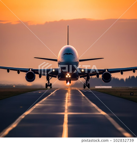 Passenger airplane landing on runway in airport 102832739