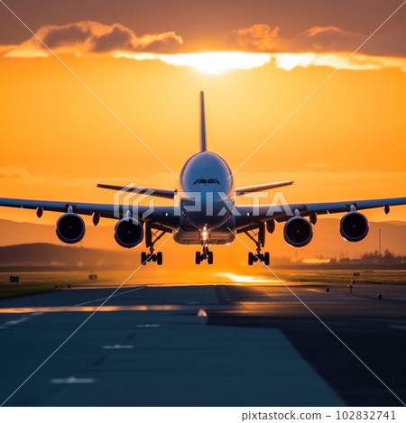 Passenger airplane landing on runway in airport 102832741