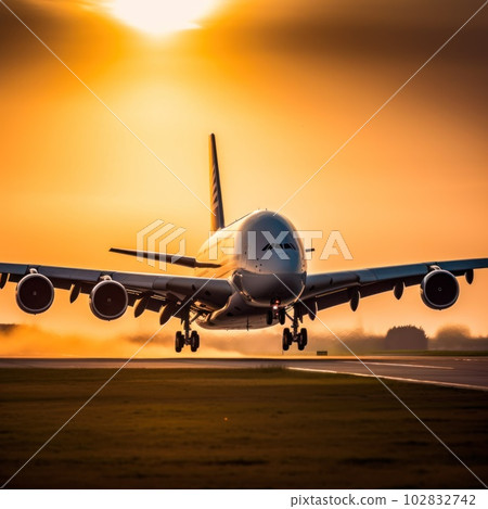Passenger airplane landing on runway in airport 102832742