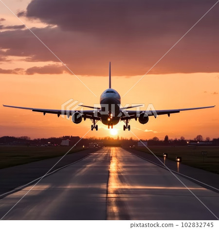 Passenger airplane landing on runway in airport Passenger airplane landing on runway in airport 102832745