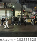 Pedestrians with umbrellas on a rainy night 102833328