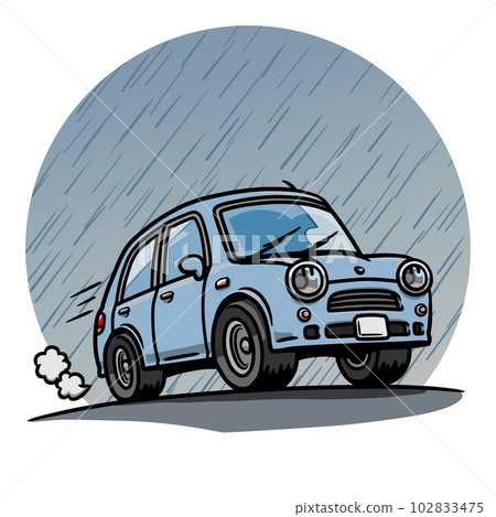 雨中路上行駛的淺藍色汽車插畫 102833475