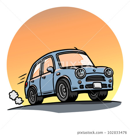 夕陽下公路上行駛的淡藍色汽車插畫 102833476