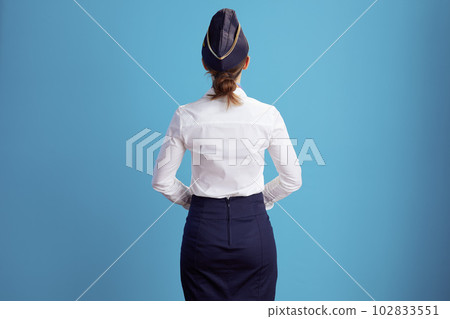 Seen from behind stylish air hostess woman on blue Seen from behind stylish air hostess woman on blue 102833551