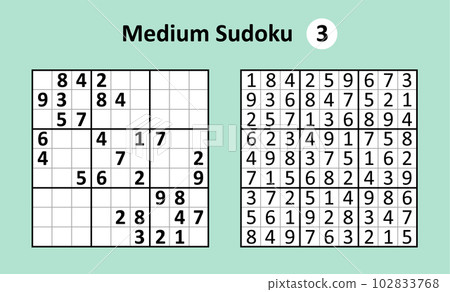 Sudoku game with answers. Medium complexity. Simple vector 102833768