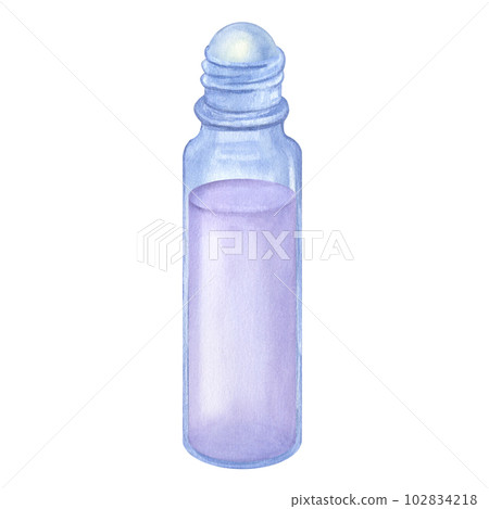 Glass roller ball bottle cosmetic lavender lilac essential oil. Hand draw watercolor illustration isolated on white background. Cosmetology, aromatherapy, skincare Glass roller ball bottle cosmetic lavender lilac essential oil. Hand draw watercolor illustration isolated on white background. Cosmetology, aromatherapy, skincare 102834218