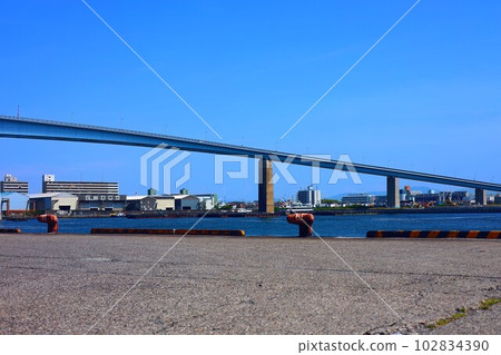 Quay and blue bridge Quay and blue bridge 102834390