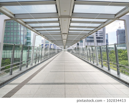 Elevated pedestrian walkway with roof connecting Hamamatsucho Station and Takeshiba (Takeshiba Deck) 102834413