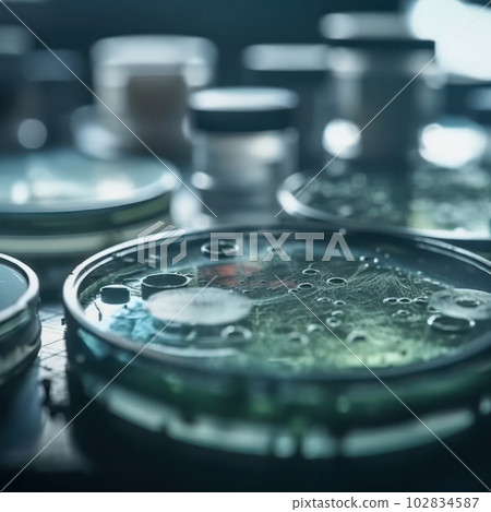 Medical research background with petri dish and hyaluronan growth is AI Generative. Medical research background with petri dish and hyaluronan growth is AI Generative. 102834587
