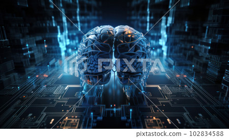 Futuristic android brain on circuit board background symbolizing the future of AI. AI is Generative technology. Futuristic android brain on circuit board background symbolizing the future of AI. AI is Generative technology. 102834588