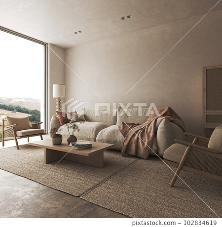 Home interior design in japanese style with large window, armchair and coffee table. Wall mockup in livingroom background. 3d rendering. High quality 3d illustration Home interior design in japanese style with large window, armchair and coffee table. Wall mockup in livingroom background. 3d rendering. High quality 3d illustration 102834619