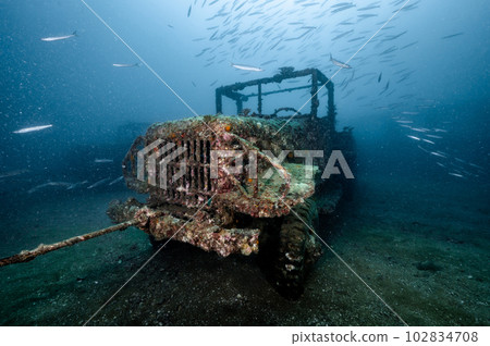Sunken rusty military trucks at Tor 13 dive site, Thailand 102834708