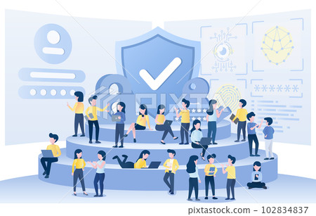 A group of business people meet to discuss, plan, think and brainstorm on data protection. Share ideas and strategy. Analyze data and develop innovative solutions. 102834837