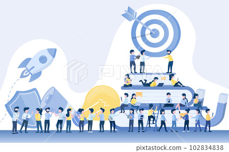 A variety of activity to achieve success. Brainstorming creative ideas, analyzing market data, planning strategies, and working to improve and develop the business.  102834838