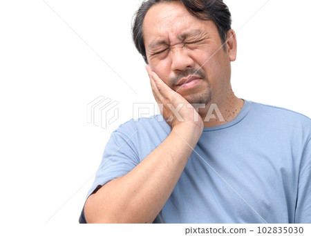 Handsome middle age senior man touching mouth with hand with painful expression because of toothache 102835030